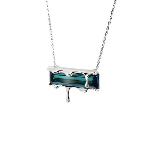 A sterling silver necklace pendant from Marie June Jewellery's Dripping Gemstone Pendant Necklace Silver collection, photographed against a light background. The pendant showcases a horizontal rectangular stone with blue and green hues, partially adorned by silver drips that resemble melting metal. The chain features a delicate silver link style.