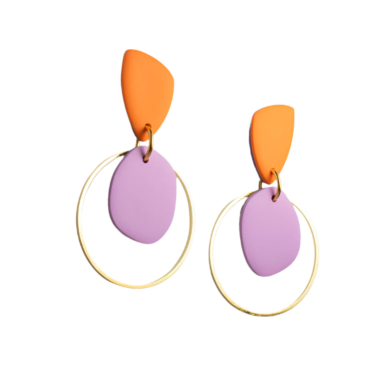 Eden Orange & Lilac Polymer Clay dangle Earrings with brass hoop