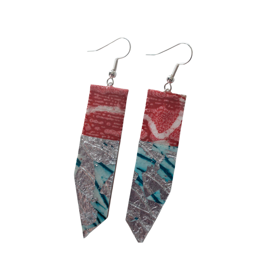 Edythe Batik Textile Earrings in Poppy/Silver/Aqua