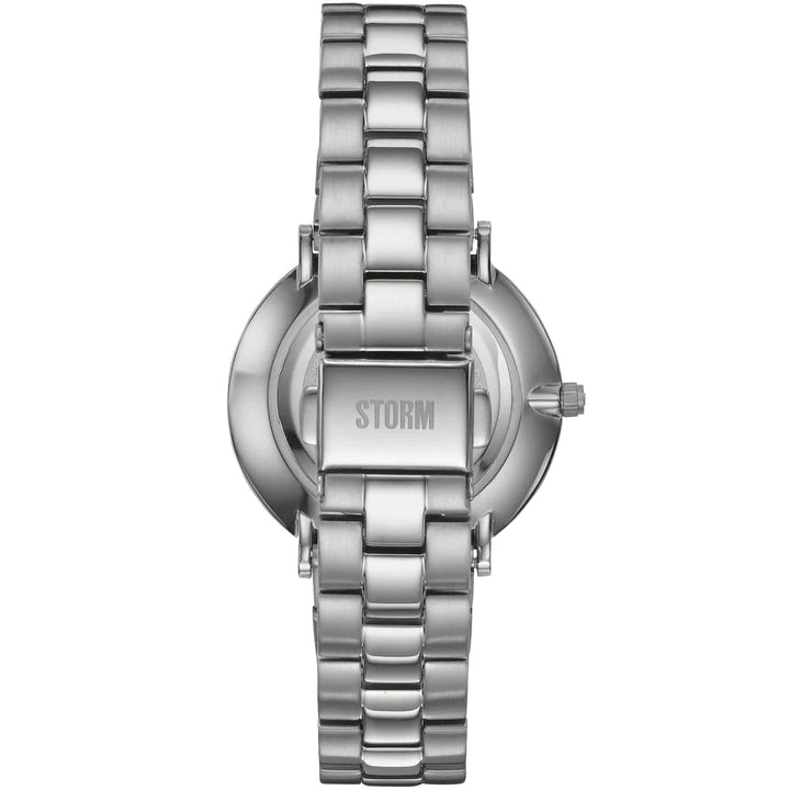 A silver metal wristwatch with a link bracelet is shown from the back. The clasp is engraved with the word "STORM." The crown of the Storm Elexi Taupe watch from Storm Watches is visible on the right side, and its two-tone stainless steel strap offers a sleek, sophisticated look.