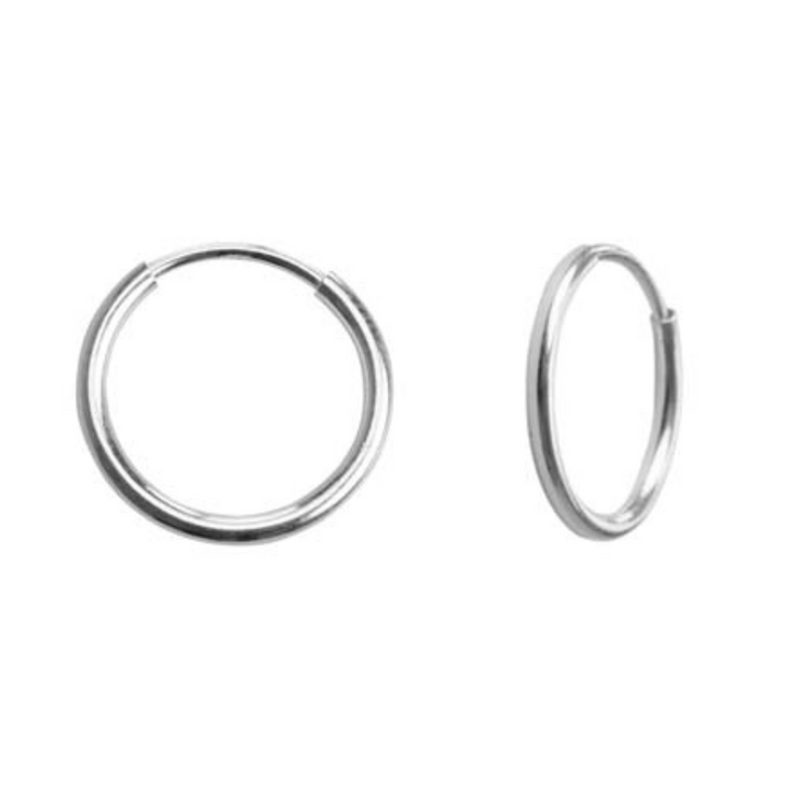 A pair of minimalist Watermelon tropical Endless Creole Hoops-Sterling Silver earrings are shown against a plain white background. The Endless Creole Hoops-Sterling Silver earrings are thin, circular, and have a smooth, glossy finish. One classic earring design is positioned face forward while the other is turned slightly to the side.