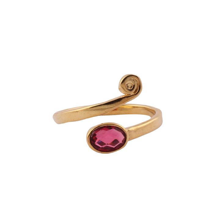 Watermelon tropical's Evie Ring Gold Plated with Pink Quartz has a coiled design. One end of the ring features a round spiral, while the other end is adorned with an oval, faceted pink quartz gemstone. The ring has a simple, elegant appearance.