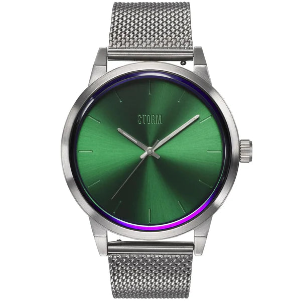 A stylish watch with a metallic mesh band and a sleek, green gradient dial. This water-resistant watch features minimalist hour markers and hands. The brand name "Storm Watches" is subtly engraved on the dial. The modern design also includes sustainable materials and a purple accent around the bezel. The product name is Storm Excepto Green.