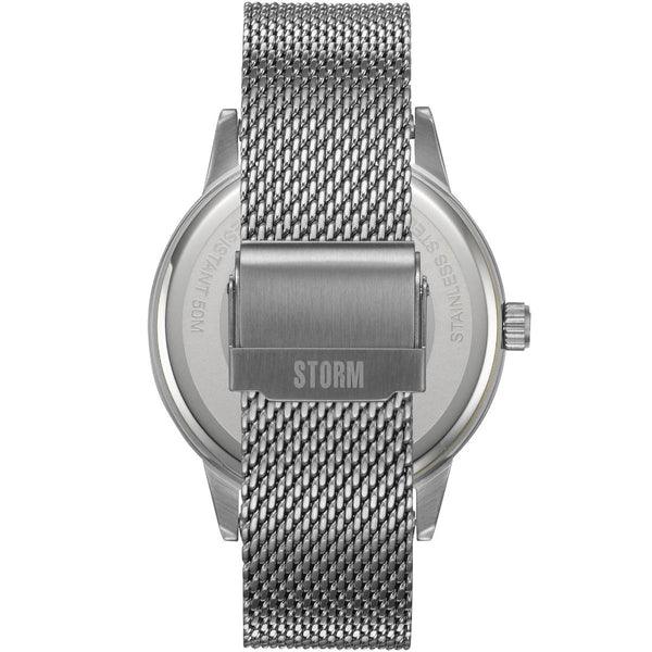 Close-up view of the back of a minimalist design watch with a metal mesh band. The back case has the brand "Storm Watches" engraved, and the watch boasts a stainless steel finish. The clasp is centered, showcasing the intricate mesh pattern of the band clearly. This timepiece is identified as the Storm Excepto Green by Storm Watches.