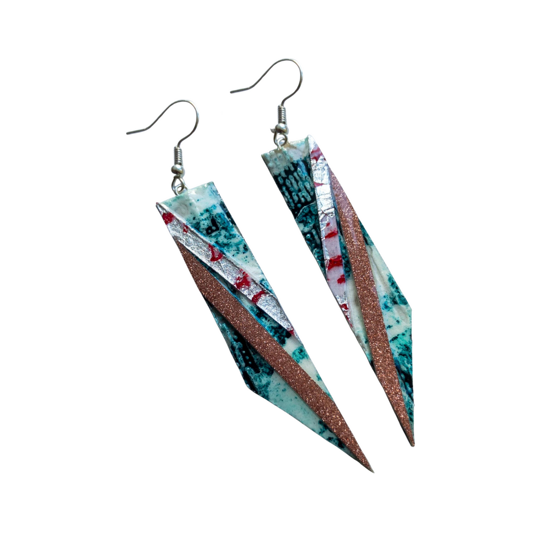 Foxtrot Batik Textile Earrings in Jade/Coral/Silver and Blush Shimmer
