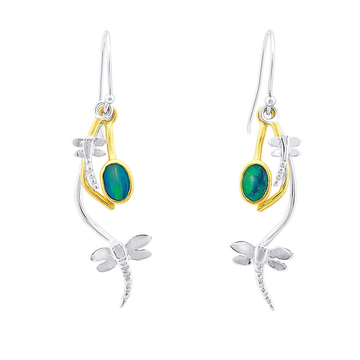 A pair of Ripple Earrings in various gemstones by Gallardo & Blaine Designs featuring a dragonfly design. Each earring has a small, oval-shaped green gemstone set in a gold accent, with a dragonfly figure extending below. They have hook-style clasps for wearing.