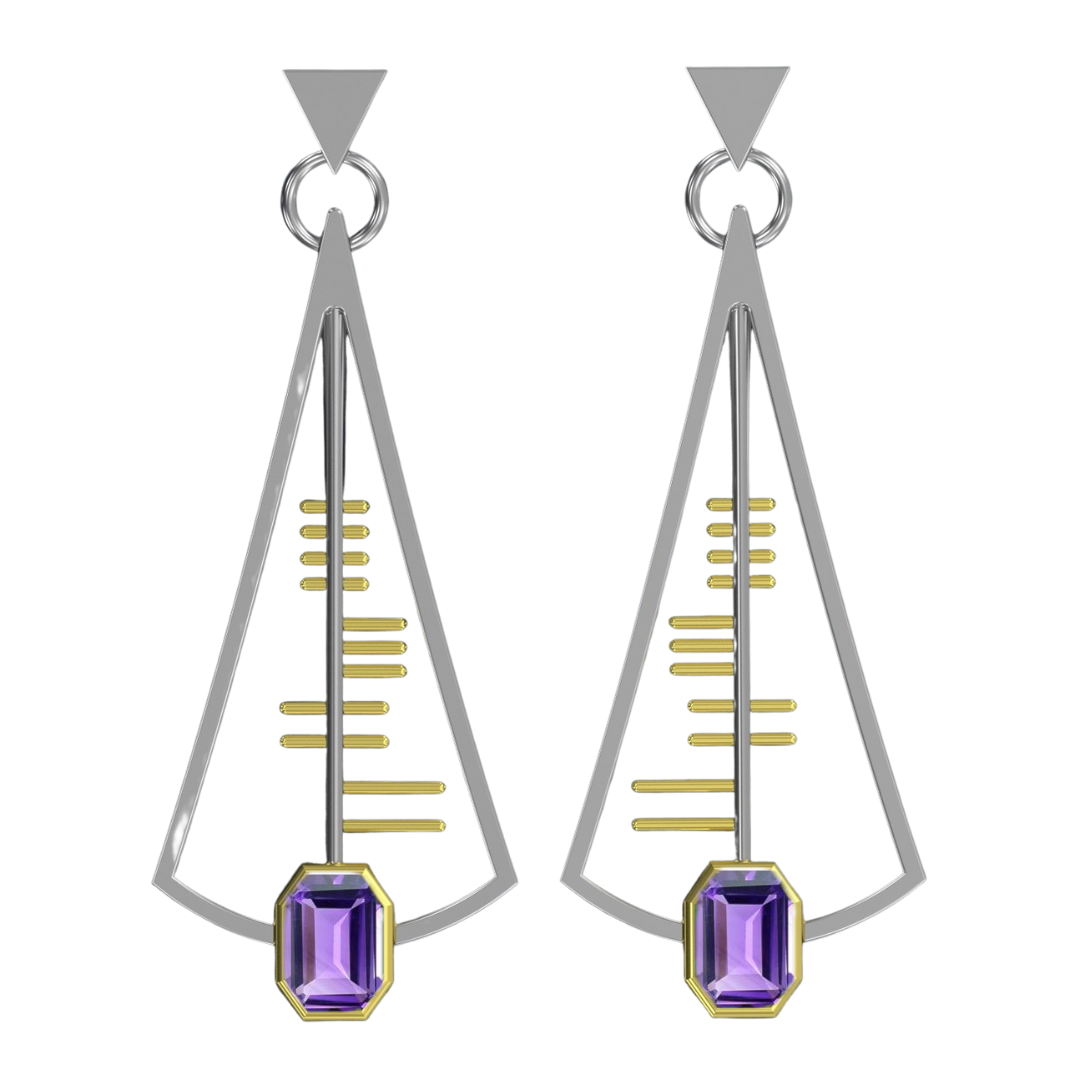 The Adeline Earrings by Gallardo & Blaine Designs are a contemporary accessory showcasing modern geometric styles with triangular sterling silver frames and delicate concentric gold lines inside. Each earring features a small purple rectangular gemstone at the bottom, adding an elegant touch to the sleek design. Available in various gemstones, these earrings perfectly blend sophistication with modern flair.