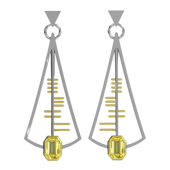 The Adeline Earrings from Gallardo & Blaine Designs are modern, geometric accessories featuring open triangular designs with sterling silver frames. Each earring is adorned with gold vertical lines inside the triangle and a rectangular yellow gemstone at the bottom, connected by a slender vertical rod.