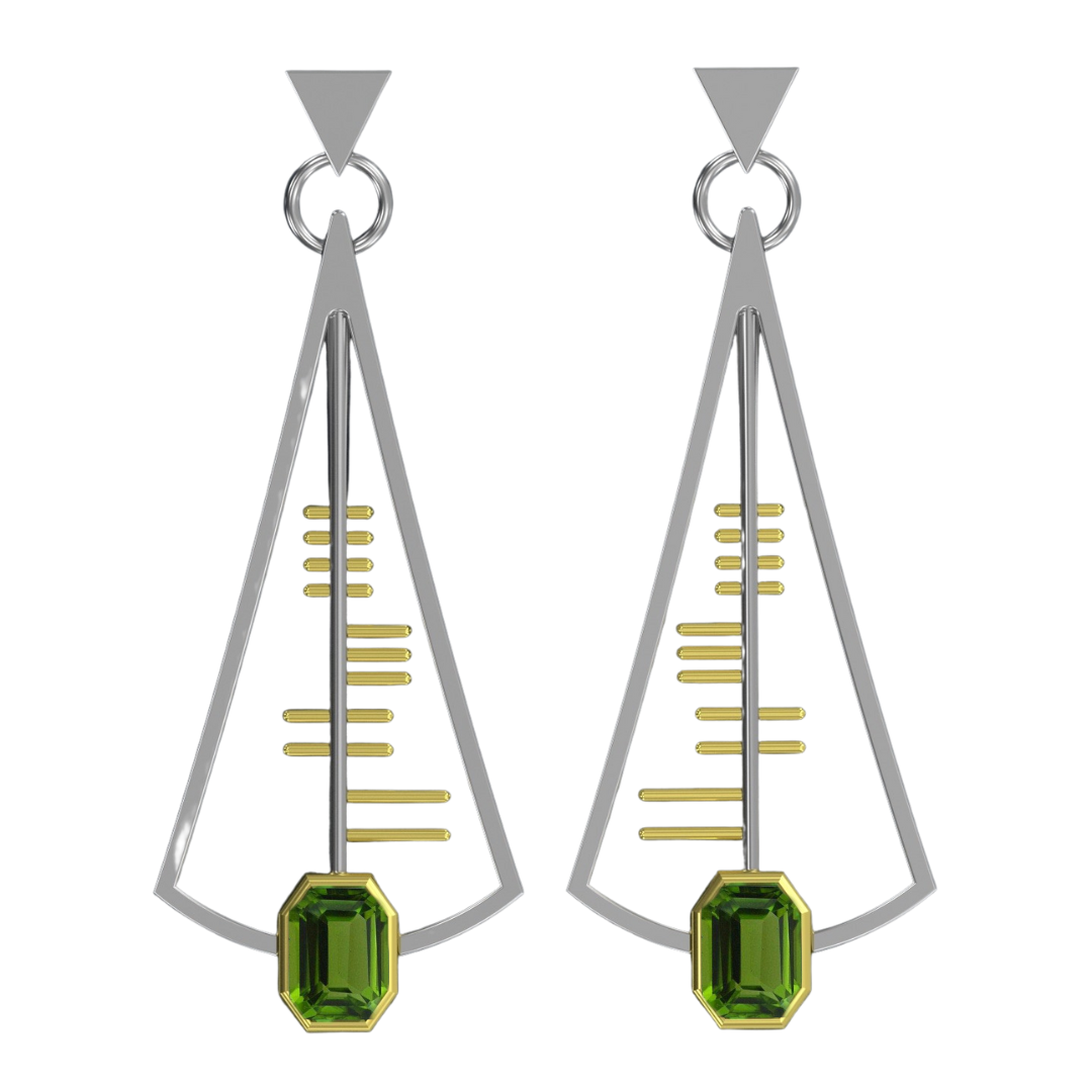 The Adeline Earrings by Gallardo & Blaine Designs are modern beauties featuring a sleek, triangular sterling silver frame. Inside the frame are gold vertical lines resembling a ladder, topped off with a green rectangular gemstone at the bottom. A small triangular stud completes these sophisticated earrings.