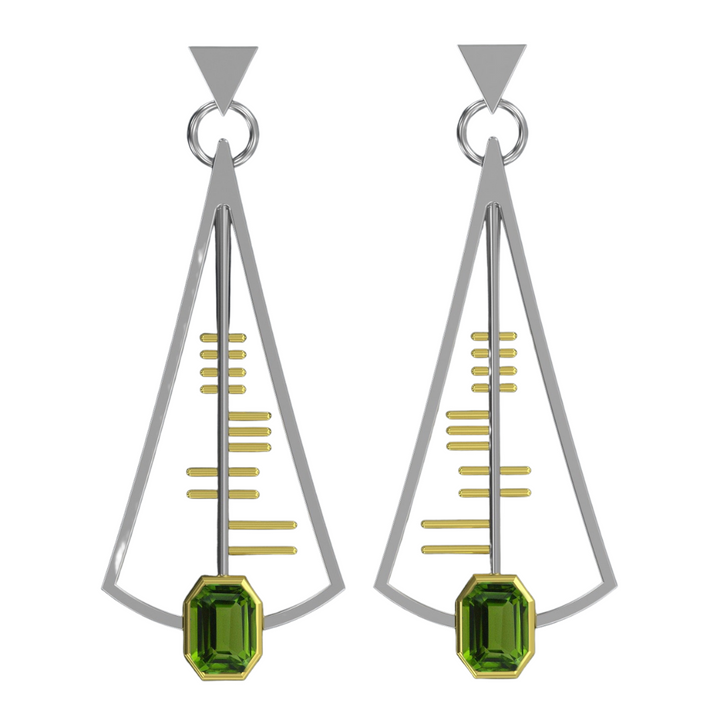 The Adeline Earrings by Gallardo & Blaine Designs are modern beauties featuring a sleek, triangular sterling silver frame. Inside the frame are gold vertical lines resembling a ladder, topped off with a green rectangular gemstone at the bottom. A small triangular stud completes these sophisticated earrings.