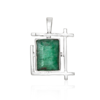 The Gallardo & Blaine Designs Art Deco Pendant in various gemstones is a geometric, Art Deco pendant crafted from sterling silver, featuring a large rectangular green gemstone, possibly an emerald, set in the center. The silver frame showcases clean, modern lines forming a stylized square around the stunning gemstone.