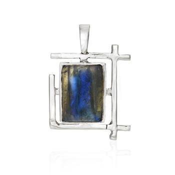 A silver rectangular Art Deco Pendant in various gemstones with a geometric frame, reminiscent of Art Deco design, holds a labradorite gemstone. The stone displays iridescent blue and green hues. Crafted from sterling silver, the pendant features a small loop for attaching to a chain by Gallardo & Blaine Designs.