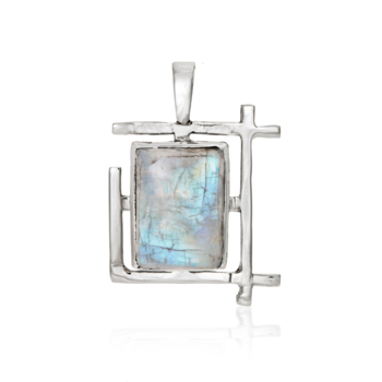 A rectangular Art Deco Pendant in various gemstones featuring an iridescent gemstone set in a modern, geometric sterling silver frame with overlapping straight lines. The gemstone appears to have shades of blue and green with hints of other colors. This exquisite piece is crafted by Gallardo & Blaine Designs.