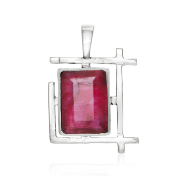 A stunning Art Deco Pendant in various gemstones featuring a rectangular, deep pink gemstone set in a modern, geometric sterling silver frame. The silver setting surrounds the gemstone with angular, open rectangular shapes. This clean, polished piece from Gallardo & Blaine Designs includes a loop at the top for a chain.