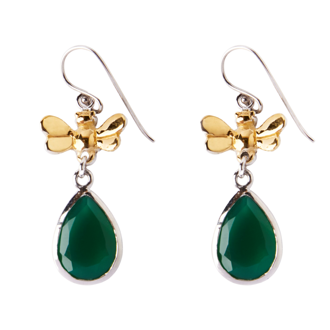 The Wildlife Bee Drops by Gallardo & Blaine Designs feature gold bee accents above teardrop gemstones, all set in sterling silver—ideal for fans of nature-inspired jewelry.