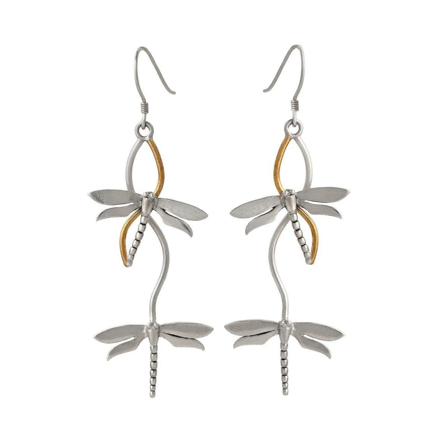 A pair of Wildlife Bullrush Earrings by Gallardo & Blaine Designs. Each earring has two silver-colored dragonflies, with a golden accent in the shape of a leaf located between them. The dragonflies are arranged vertically and connected by a delicate silver wire, making these exquisite Wildlife Bullrush Earrings truly special.