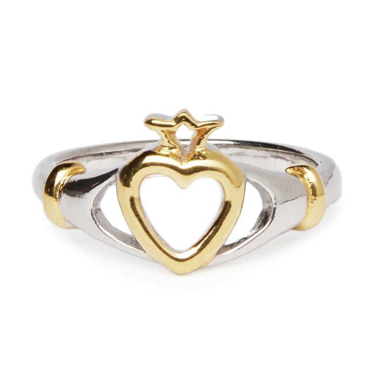 The Watermelon Tropical Lorien Ring showcases a heart-shaped centerpiece adorned with a crown. The heart and crown are gold vermeil, while the ring band is all-silver with delicate gold accents flanking the heart. The design is intricate and elegant.