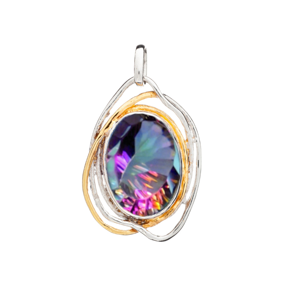 The Cosmos Pendant Large in various gemstones by Gallardo & Blaine Designs features an oval-shaped, multi-colored, faceted gemstone. The stone is encased in intertwined silver and gold metal swirls, forming an elegant design with a touch of medieval charm. The vibrant, iridescent colors in the statement gemstone pendant range from purple to pink to green, creating a reflective effect.