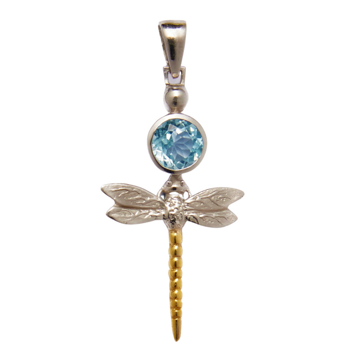 The Damsel Pendant in various gemstones is shaped like a dragonfly featuring a sterling silver body with intricately detailed wings and a gold tail. Its head boasts a round, blue gemstone. The loop for the chain is attached to the top, making it an exquisite gemstone pendant by Gallardo & Blaine Designs.