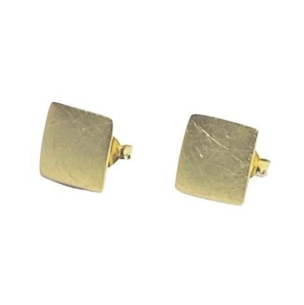 A pair of Gallardo & Blaine Designs' Deco Square Studs in gold vermeil are shown. These square-shaped earrings feature a slightly textured surface and are secured with sterling silver butterfly clasp fastenings at the back.