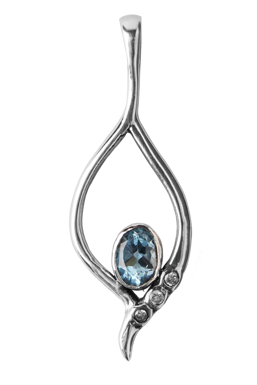 The Gallardo & Blaine Designs Desert Star Pendant in various gemstones features a silver design with an elegant, elongated loop and a central oval blue gemstone. Three small round clear stones are set along one side. The loop tapers and curves to a point at the bottom, creating a delicate and artistic appearance.