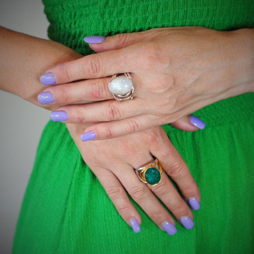 statement gemstone ring moonstone & rough emerald