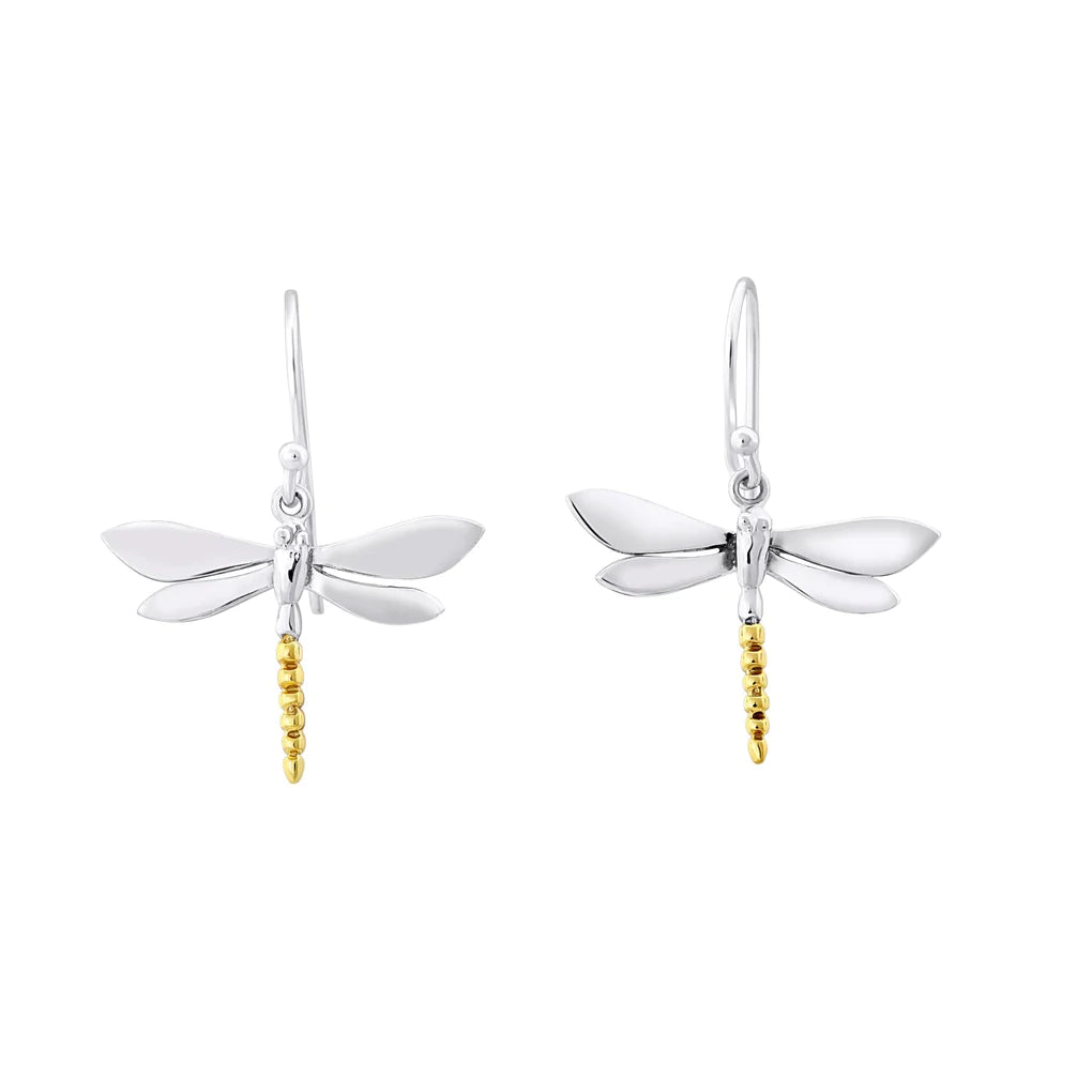 A pair of delicate Wildlife Dragonfly Dangle Earrings by Gallardo & Blaine Designs with sterling silver wings and golden, beaded bodies. They have simple hooks for easy wearing. The design is minimalistic and elegant, combining both silver and gold accents for a refined look.