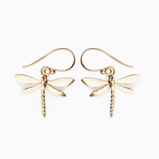 A pair of gold plated dragonfly earrings with detailed wings and bodies, each attached to a fishhook ear wire. The design is delicate and symmetrical, and the Wildlife Dragonfly Dangle Earrings by Gallardo & Blaine Designs are placed against a plain white background.