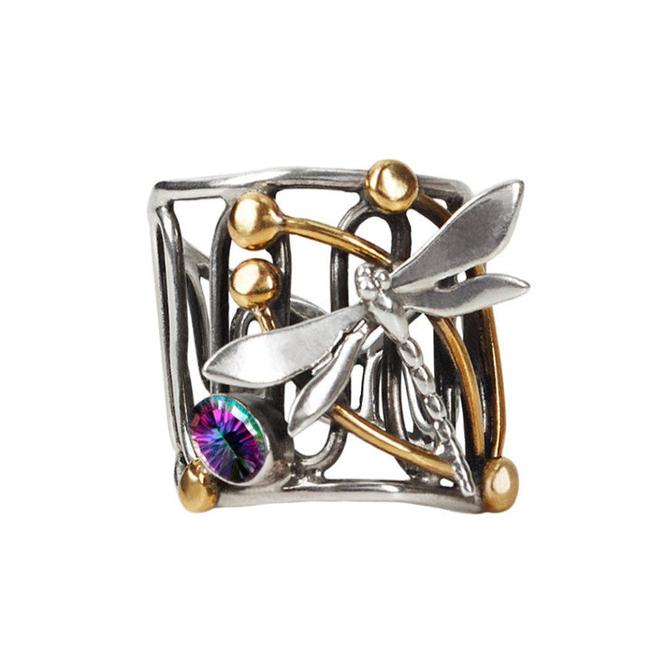 The Gallardo & Blaine Designs Dragonfly Ring in various gemstones features a nature-inspired design with gold accents, intricate openwork for an artistic look, and a striking sterling silver square band.