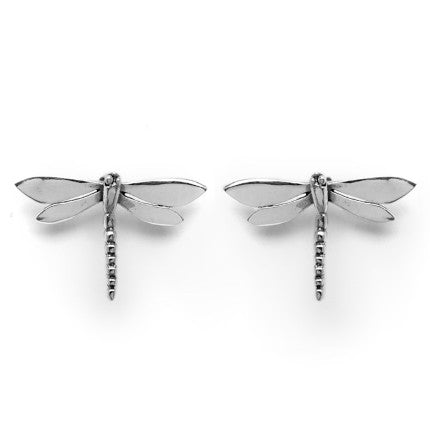 A pair of Wildlife Large Dragonfly Studs by Gallardo & Blaine Designs with detailed wings and segmented bodies. The earrings are symmetrical, have a polished finish, and are set against a plain white background.