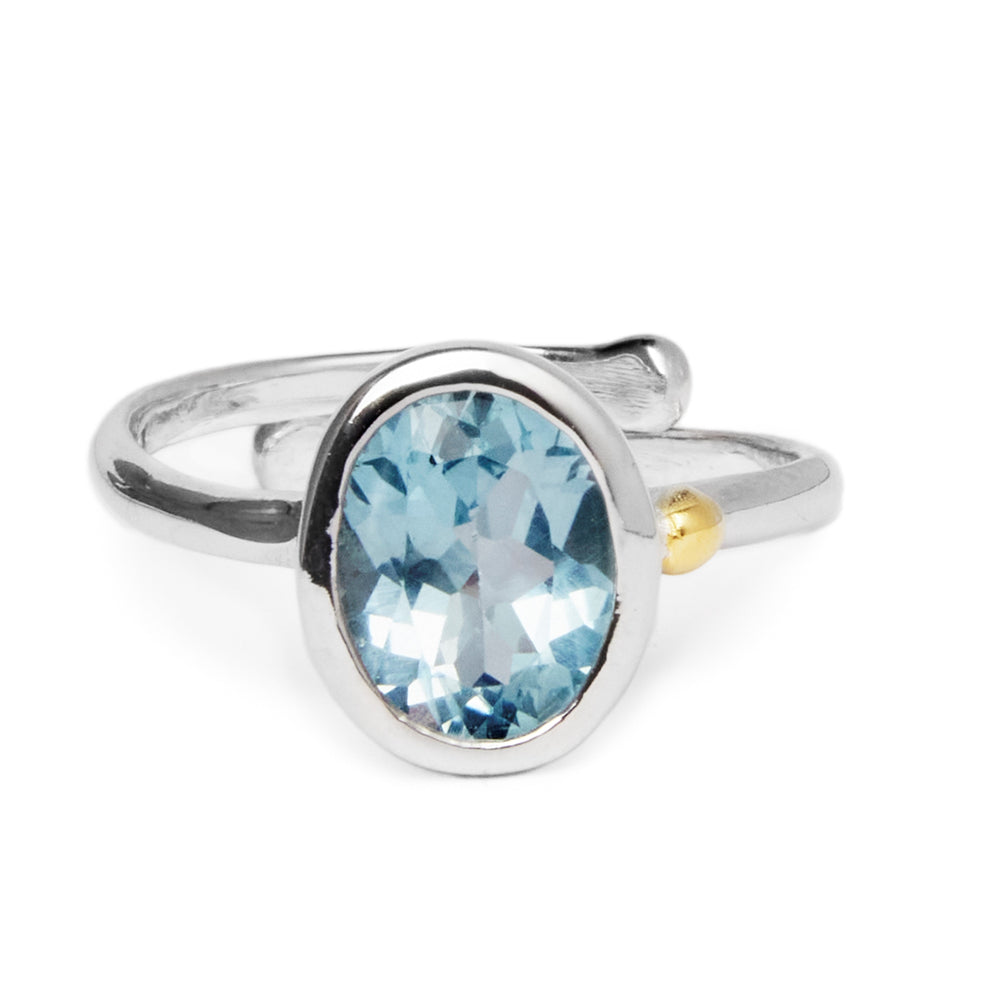 The Gallardo & Blaine Designs Dream Ring in various gemstones features an oval-shaped blue gemstone as its centerpiece. The band of the ring is sleek and polished, showcasing minimalist design with a small gold accent on one side near the faceted stone, reflecting light beautifully.