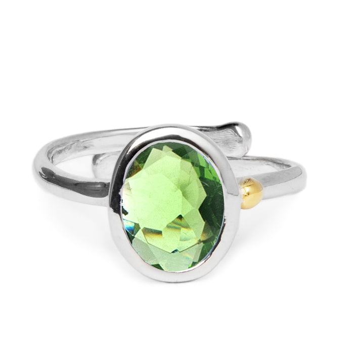 The Dream Ring in various gemstones by Gallardo & Blaine Designs is set with a large, oval-shaped green gemstone at its center. The band of the ring is simple and smooth, boasting a minimalist design with a small gold accent on one side near the gemstone setting. The faceted gemstone sparkles brilliantly, adding elegance.