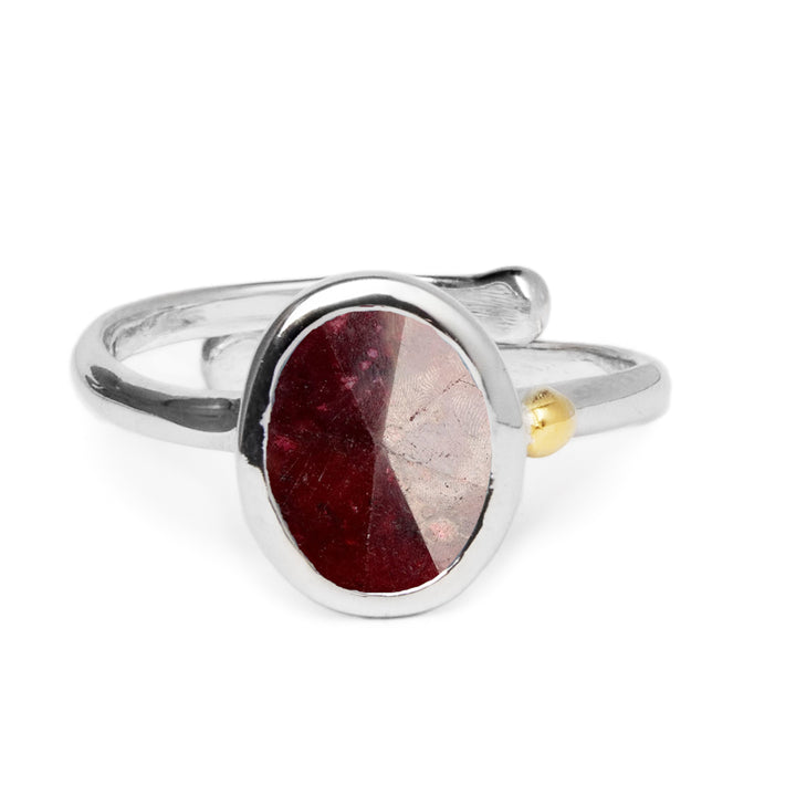 A Gallardo & Blaine Designs Dream Ring in various gemstones featuring a large oval-shaped, deep red gemstone in the center, with a small gold accent on the band. The minimalist design is simple yet elegant, highlighting the gemstone's rich color and polished texture.