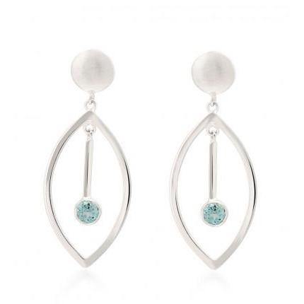 A close-up image of the Elise Earrings in various gemstones by Gallardo & Blaine Designs. Each elegant and modern earring features an oval outline with a stunning aqua-colored gemstone set inside, hanging from a short vertical bar. The earrings are attached to round silver studs, creating a sophisticated and contemporary look.