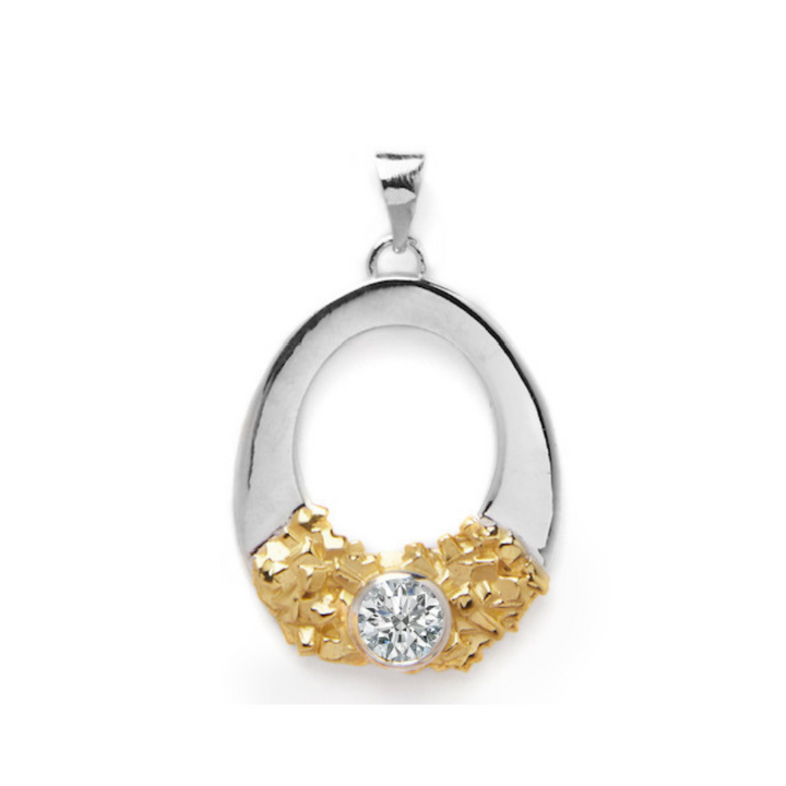 The Giselle Pendant by Gallardo & Blaine Designs boasts an elegant oval loop design, combining sterling silver and gold tones. The bottom of the oval is beautifully adorned with delicate gold clusters, which cradle a single, prominent round gemstone at the center. A sterling silver bale at the top allows for easy attachment to a chain.