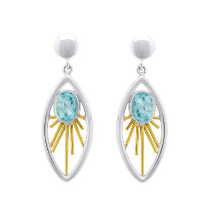 Introducing the **Goddess Earrings in various gemstones** by **Gallardo & Blaine Designs**: A pair of elegant Goddess Earrings featuring an oval turquoise stone in the center of a sunburst design. These sterling silver & gold earrings are framed by an open silver oval shape, with golden rays extending from the turquoise stones, attached to round silver studs.