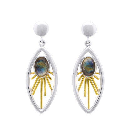 A pair of elegant Goddess Earrings in various gemstones by Gallardo & Blaine Designs featuring a teardrop-shaped design with sterling silver framing, embedded with oval-shaped iridescent stones at the center, and decorated with radiating gold spokes. These captivating gemstone drop earrings have a simple spherical stud at the top.