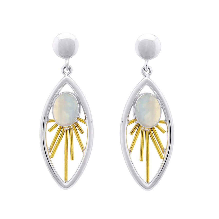 A pair of elegant Goddess Earrings in various gemstones featuring a sterling silver & gold marquise-shaped frame. Inside the frame, there's a central oval opalescent stone surrounded by radiating gold-toned bars, mimicking sun rays. These exquisite gemstone drop earrings from Gallardo & Blaine Designs have round stud fastenings at the top.