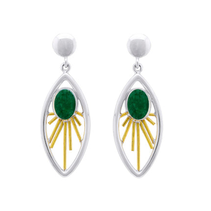 A pair of elegant Goddess Earrings in various gemstones by Gallardo & Blaine Designs, featuring a sterling silver teardrop shape with gold sunburst designs at the center. Each earring has a green oval gemstone in the middle of the sunburst and a silver ball stud at the top, making them stunning gemstone drop earrings.