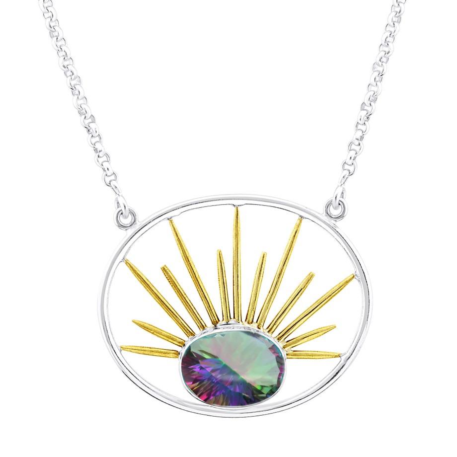 A silver Goddess Necklace Large in Various Gemstones featuring a circular, stone pendant with a radiant design. The pendant from Gallardo & Blaine Designs includes gold vermeil rays emanating from an iridescent, jewel-like center, resembling a sunburst.