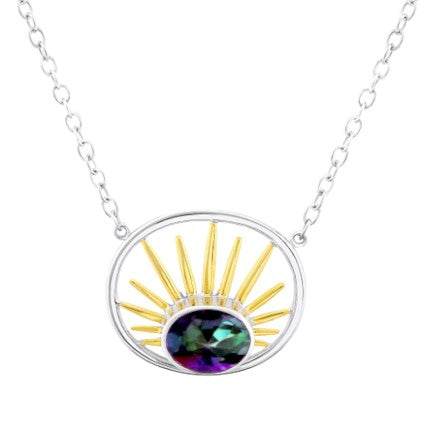 A Goddess Necklace Small in various gemstones from Gallardo & Blaine Designs, featuring a pendant of a multicolored gemstone encircled by a sterling silver ring. The gemstone is accentuated by gold rays emanating from its top half, resembling a rising sun on the simple and elegant sterling silver link chain.