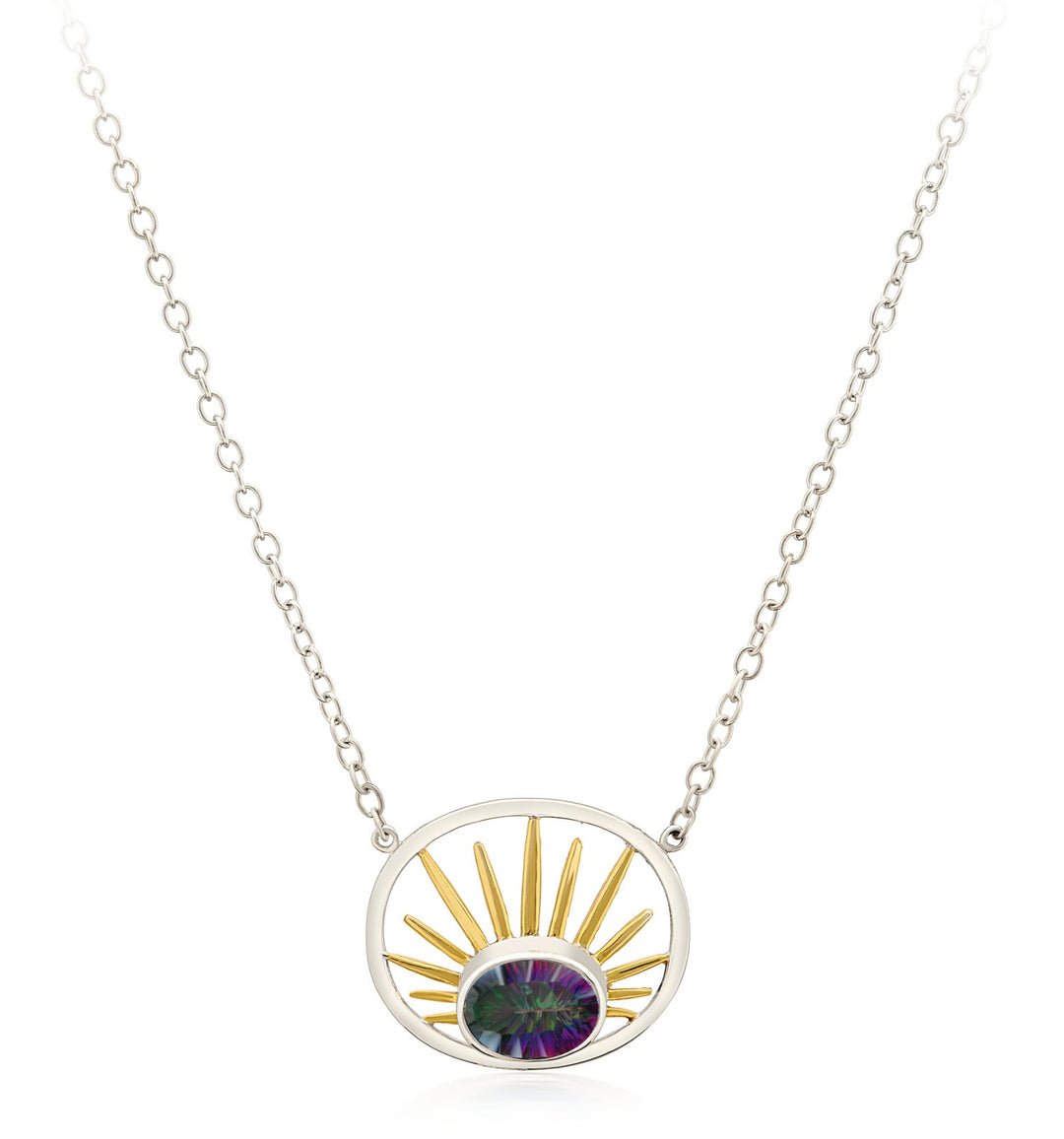 A stunning Goddess Necklace Small in various gemstones from Gallardo & Blaine Designs features a pendant with a central, oval, multicolored gemstone. The gemstone is framed by a circular sterling silver outline with golden sunburst rays extending upwards, all connected to a delicate silver chain.