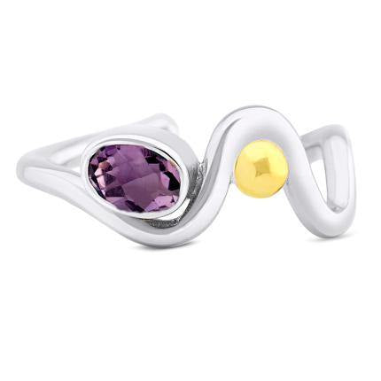 A sterling silver ring featuring an asymmetrical design with a wavy band. This Adjustable Heartbeat Ring by Gallardo & Blaine Designs is adorned with a purple oval gemstone set on the left side and a smaller yellow round gemstone on the right side.