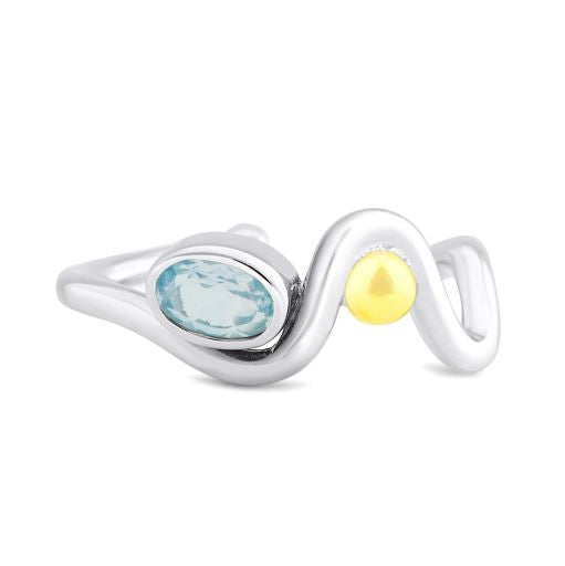 An Adjustable Heartbeat Ring by Gallardo & Blaine Designs with an organic, wavy design featuring two stones. One is an oval-cut light blue gemstone, and the other is a small, round yellow gemstone. The stones are set apart, embedded within the flow of the silver band.