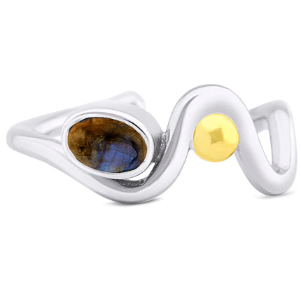 A Gallardo & Blaine Designs Adjustable Heartbeat Ring with a wavy design featuring an oval-shaped brown and blue gemstone and a small gold circular accent.