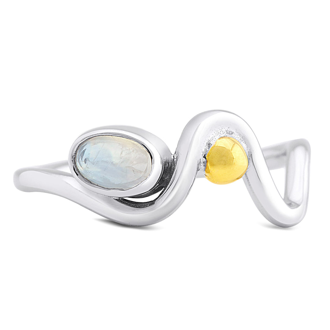 A sterling silver ring featuring an oval-shaped iridescent stone on one side and a small, round, gold-colored accent on the other. The Gallardo & Blaine Designs Adjustable Heartbeat Ring boasts a wavy, modern design that wraps elegantly around the finger.