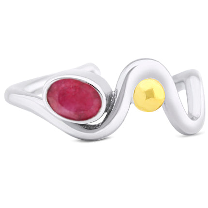 A sterling silver ring featuring a wavy design with an oval red gemstone on one side and a small round yellow accent on the other, this Adjustable Heartbeat Ring from Gallardo & Blaine Designs offers both elegance and flexibility.