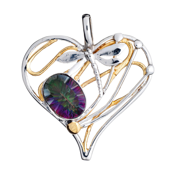 The Gallardo & Blaine Designs Heart Dragonfly Pendant Large features a heart shape with silver and gold tones, accented by various large iridescent gemstones in an abstract style.