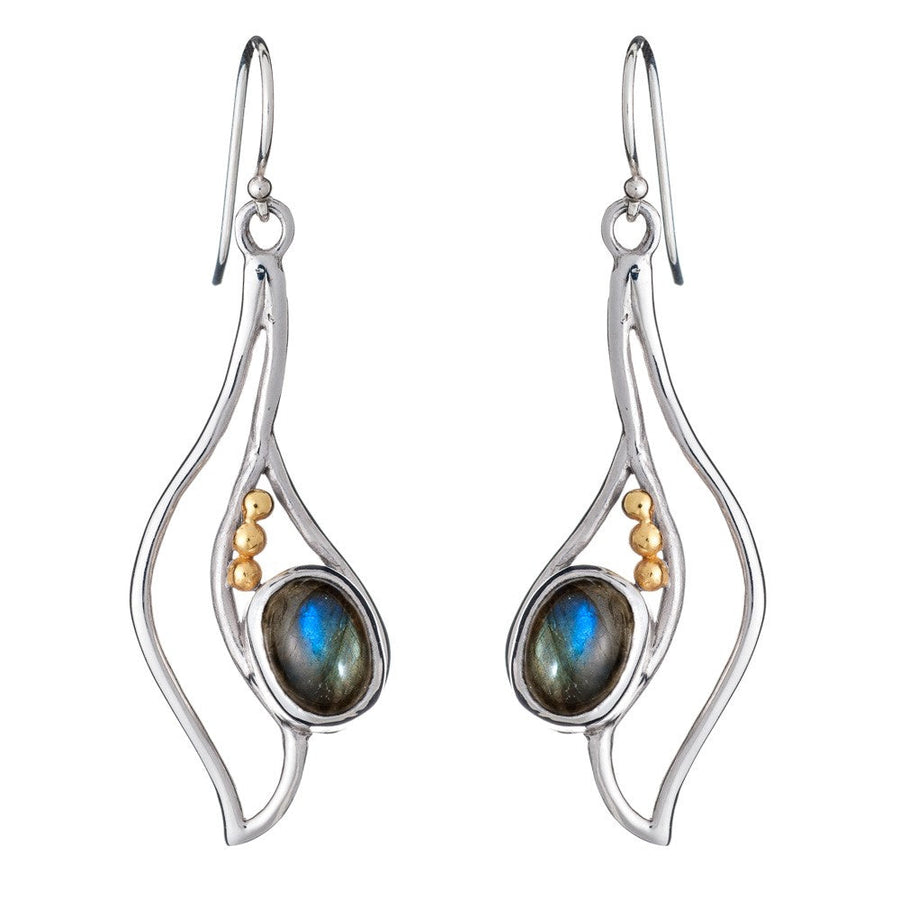 Introducing the Iris Earrings in various gemstones by Gallardo & Blaine Designs: a pair of stunning silver & gold drop earrings featuring an abstract, flowy design. Each earring is adorned with a dark oval gemstone at the center, accented by small gold beads along one side. These exquisite gemstone earrings are attached to hook-style ear wires.