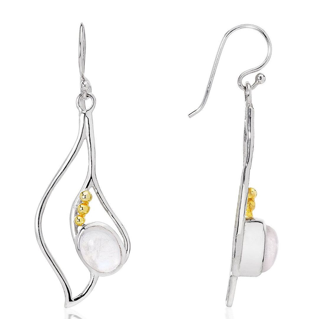 The Iris Earrings in various gemstones from Gallardo & Blaine Designs are a stunning pair of silver drop earrings with an elegant wavy design, featuring a round, translucent gemstone at the center and three small gold beads adjacent to the stone. These exquisite gemstone earrings have a hook fastening. The image shows both a front and side view of the earrings.